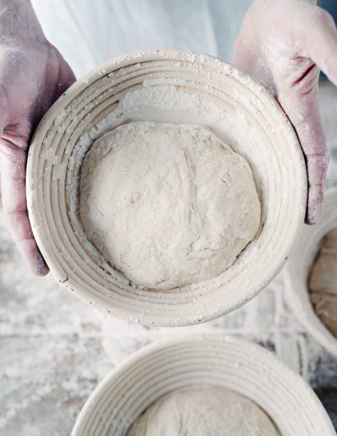 Ball of sourdough in a proving basket prior to baking. Sourdough bread is known for its characteristic flavour because  it does not use a conventional yeast as a rising agent, instead a fermented culture of flour and water is used. The resultant bread has a chewy texture and a crisp crust. Colour, vertical format with some copy space.